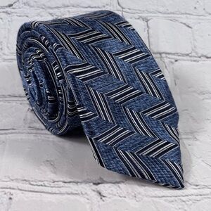 Graffeo Cravatte Blue Black White Herringbone Pattern Silk Tie